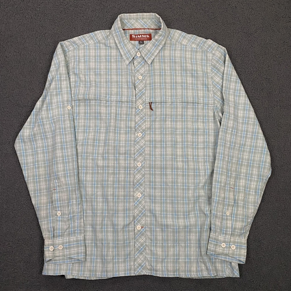 Simms Shirt Men Large Plaid Roll Tab Long Sleeve Fishing Hike UPF Sun Protection